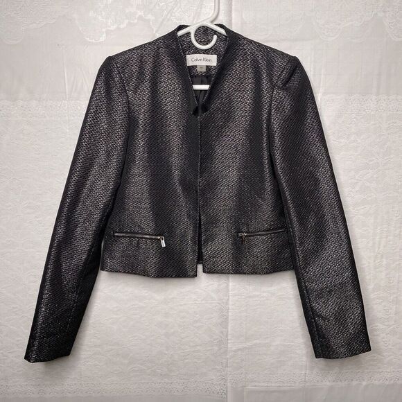 CALVIN KLEIN Women Black Polyester Metallic Lined Open Front Blazer Size 2 - Picture 2 of 12